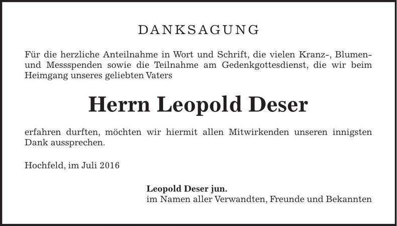 Traueranzeige Leopold Deser