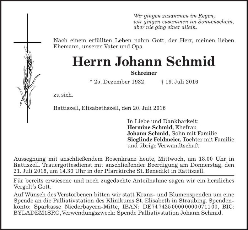 Traueranzeige Johann Schmid