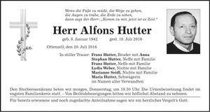 Traueranzeige Alfons Hutter