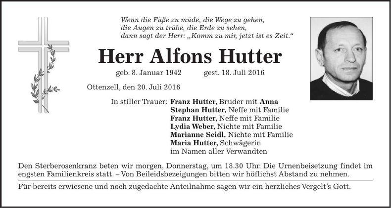 Traueranzeige Alfons Hutter