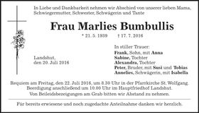 Traueranzeige Marlies Bumbullis