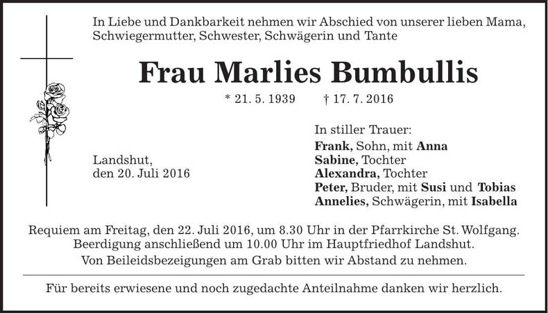Traueranzeige Marlies Bumbullis