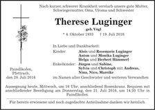 Traueranzeige Therese Luginger