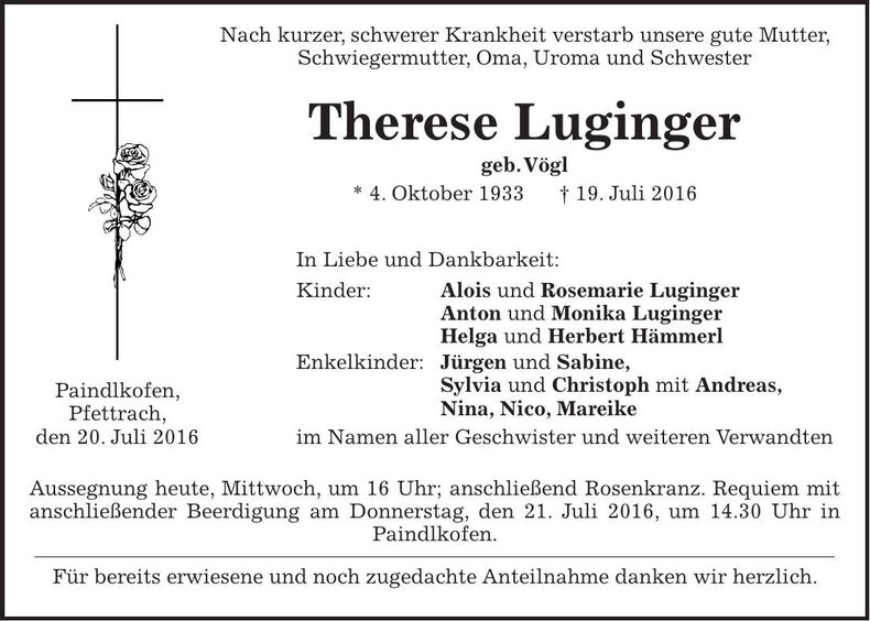 Traueranzeige Therese Luginger
