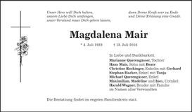 Traueranzeige Magdalena Mair