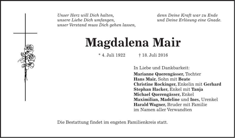 Traueranzeige Magdalena Mair