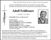 Traueranzeige Adolf Feldbauer