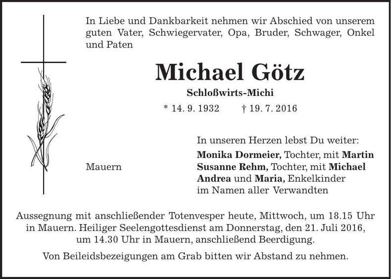 Traueranzeige Michael Götz