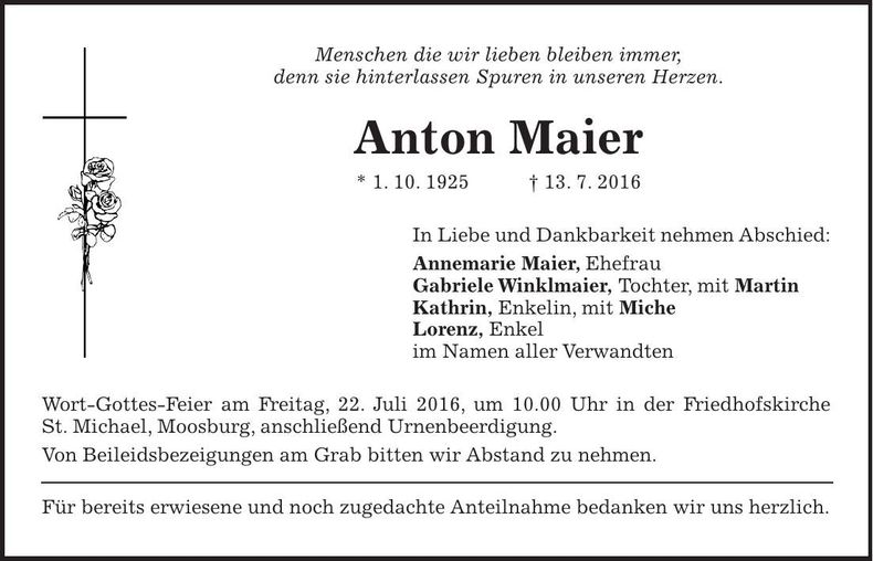 Traueranzeige Anton Maier
