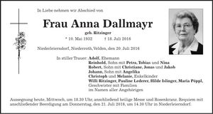 Traueranzeige Anna Dallmayr