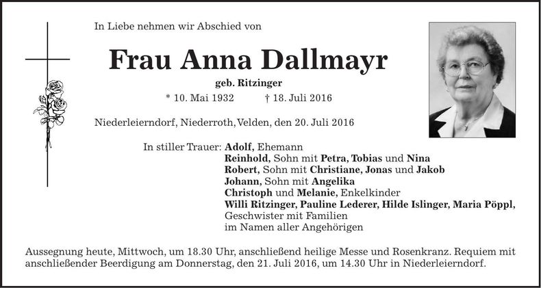 Traueranzeige Anna Dallmayr