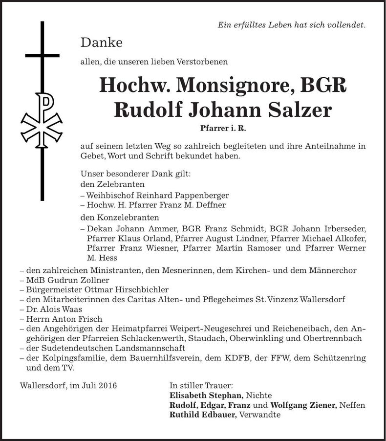 Traueranzeige Rudolf Johann MSGR BGR Salzer