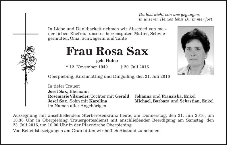Traueranzeige Rosa Sax