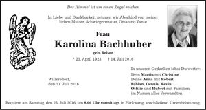 Traueranzeige Karolina Bachhuber