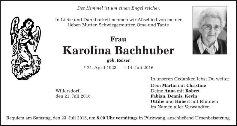 Traueranzeige Karolina Bachhuber