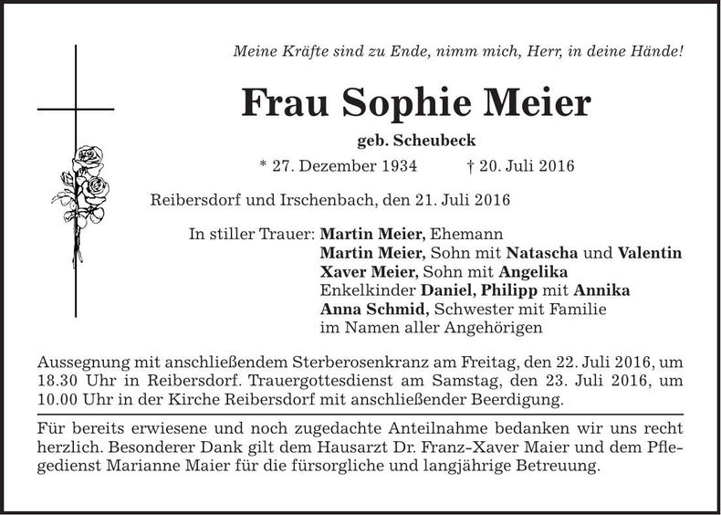 Traueranzeige Sophie Meier