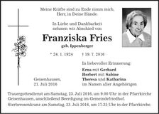 Traueranzeige Franziska Fries