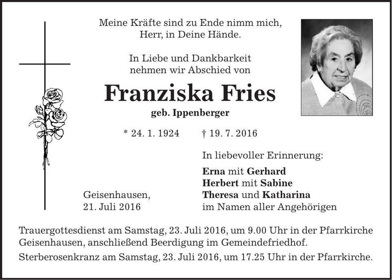 Traueranzeige Franziska Fries