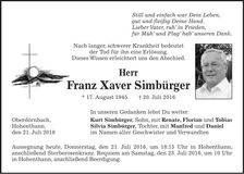 Traueranzeige Franz Xaver Simbürger