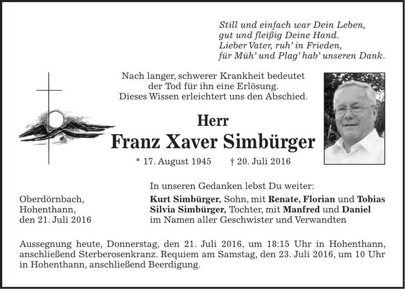 Traueranzeige Franz Xaver Simbürger