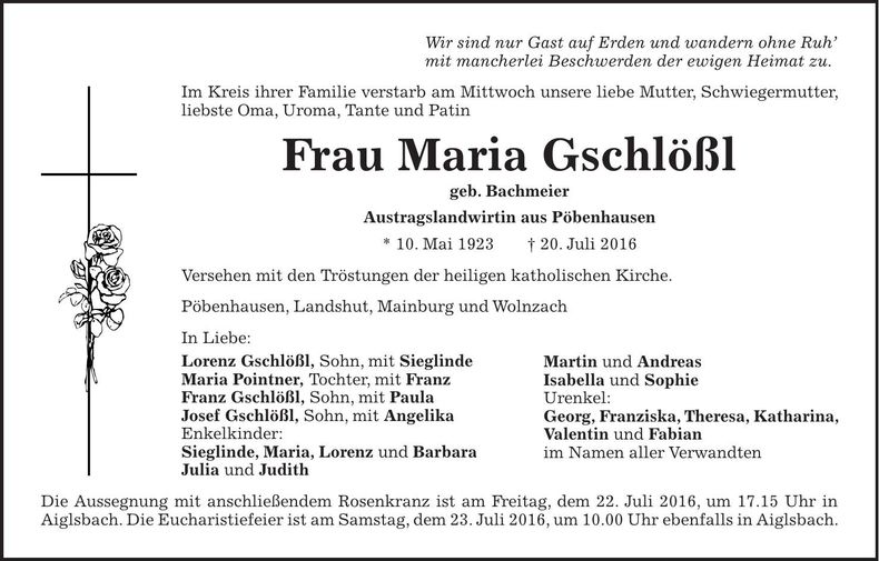Traueranzeige Maria Gschlößl