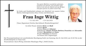 Traueranzeige Inge Wittig