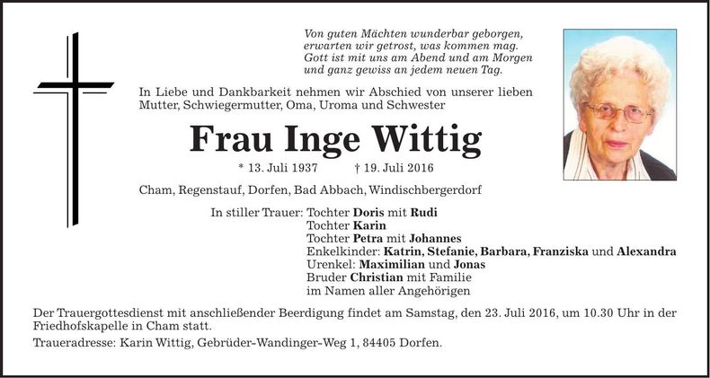 Traueranzeige Inge Wittig