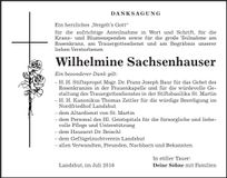 Traueranzeige Wilhelmine Sachsenhauser