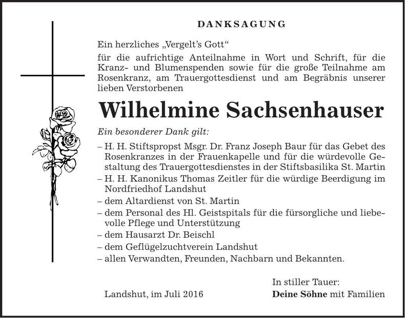 Traueranzeige Wilhelmine Sachsenhauser
