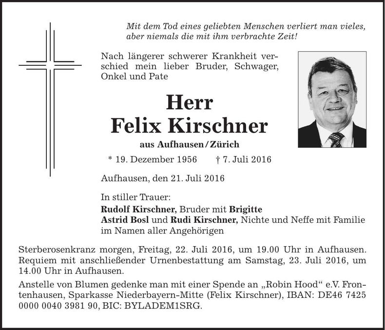 Traueranzeige Felxi Kirschner