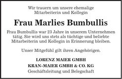 Traueranzeige Marlies Bumbullis