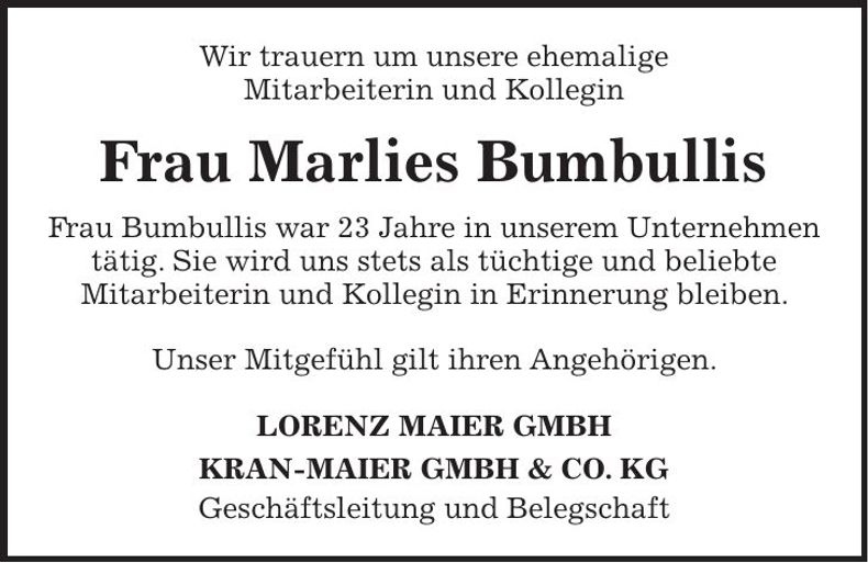 Traueranzeige Marlies Bumbullis