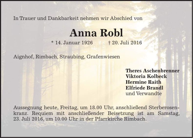 Traueranzeige Anna Robl