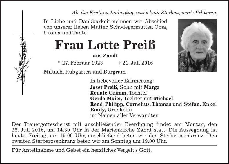 Traueranzeige Lotte Preiss