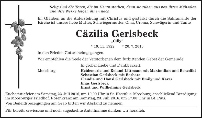 Traueranzeige Cäzilia Gerlsbeck