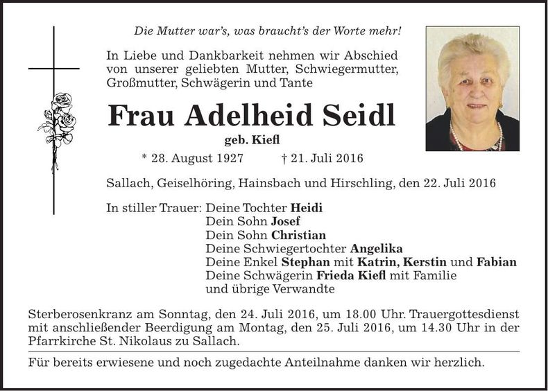 Traueranzeige Adelheid Seidl