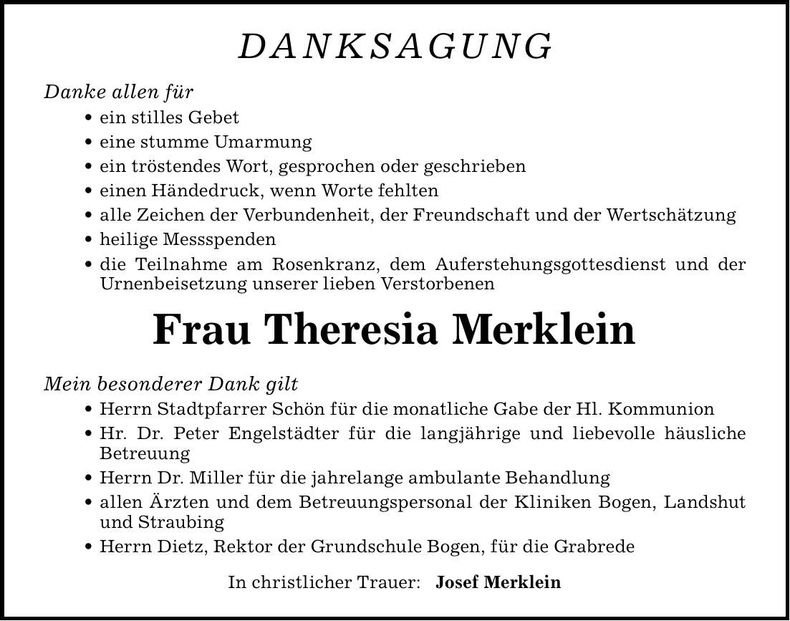 Traueranzeige Theresia Merklein