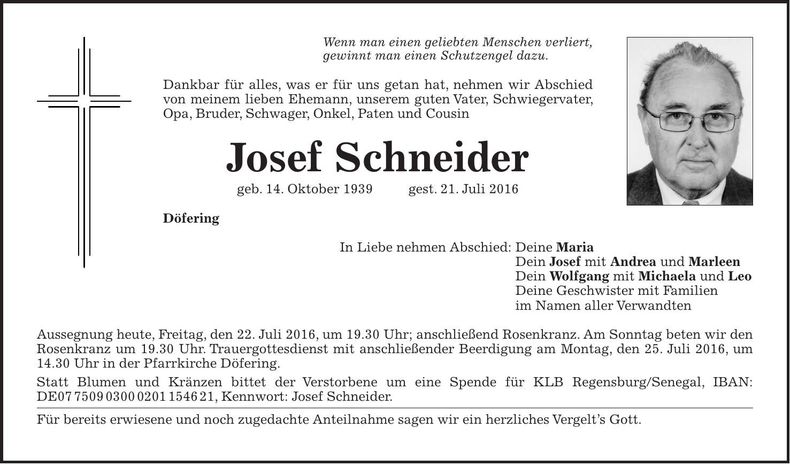 Traueranzeige Josef Schneider