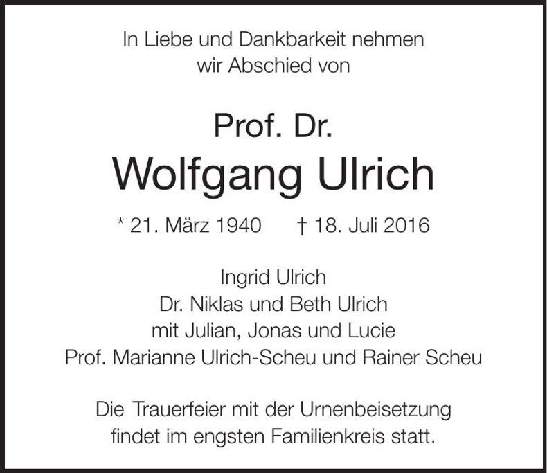 Traueranzeige Wolfgang Ulrich
