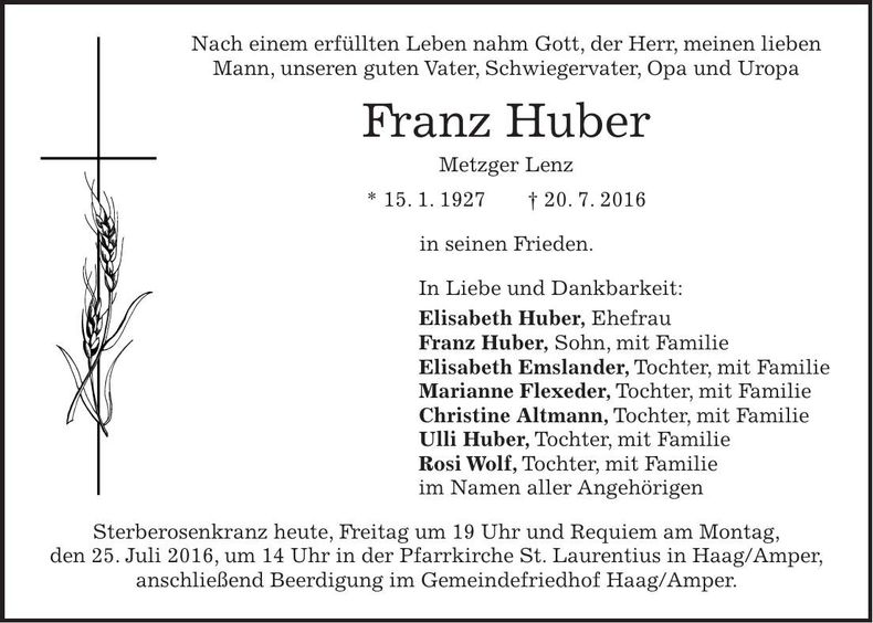 Traueranzeige Franz Huber