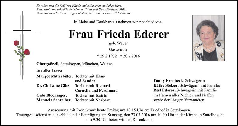 Traueranzeige Frieda Ederer