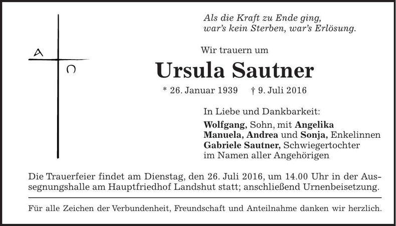 Traueranzeige Ursula Sautner