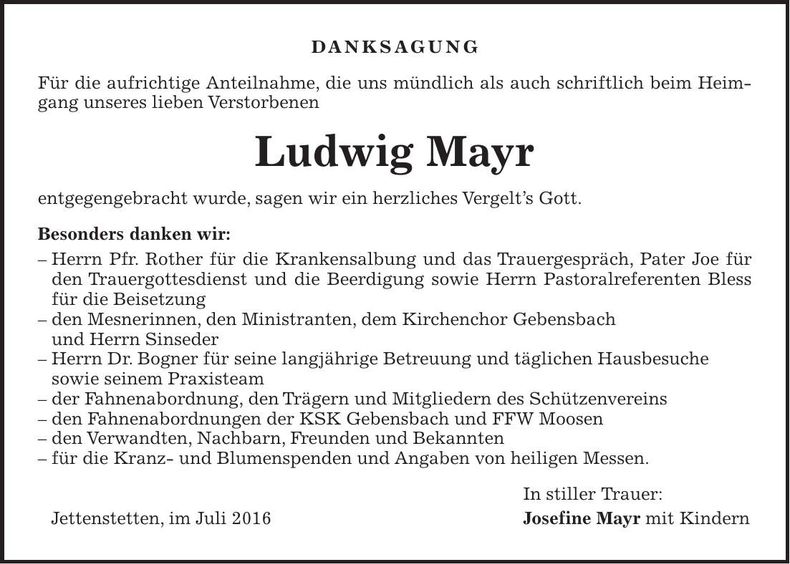 Traueranzeige Ludwig Mayr