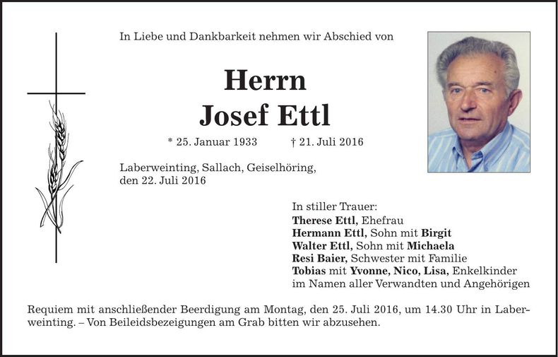 Traueranzeige Josef Ettl