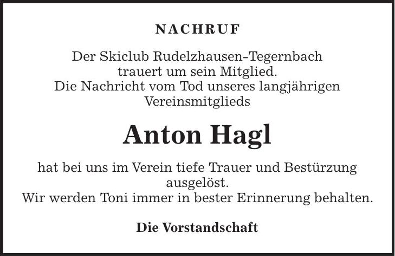 Traueranzeige Anton Hagl