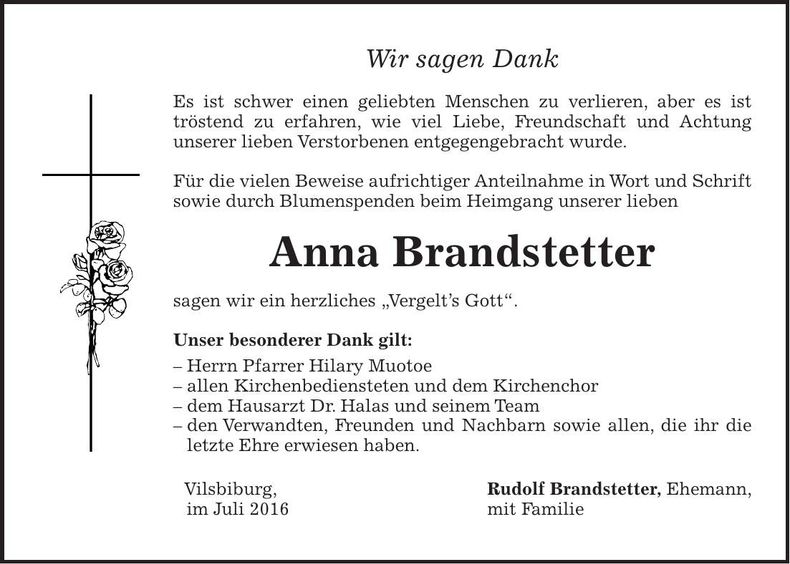 Traueranzeige Anna Brandstetter