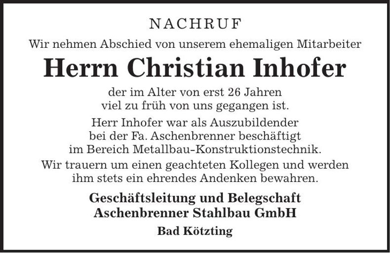 Traueranzeige Christian Inhofer