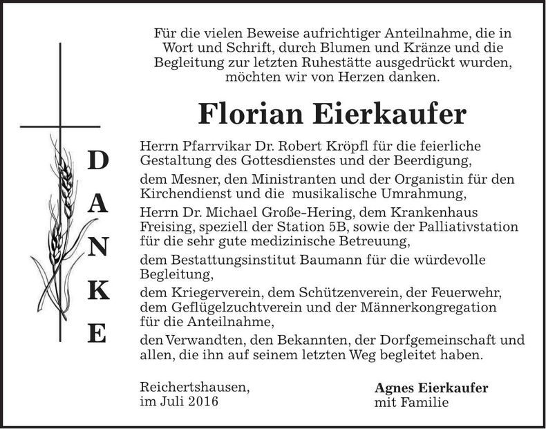 Traueranzeige Florian Eierkaufer