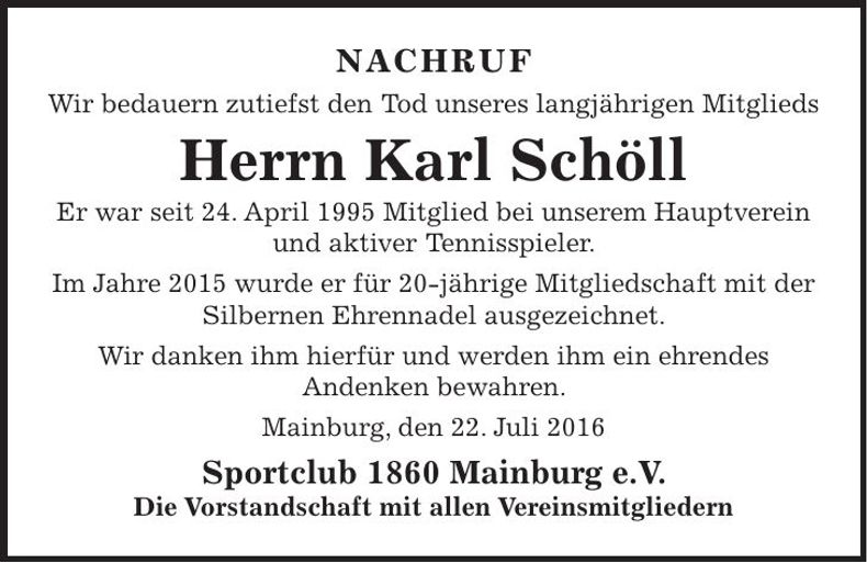 Traueranzeige Karl Schöll