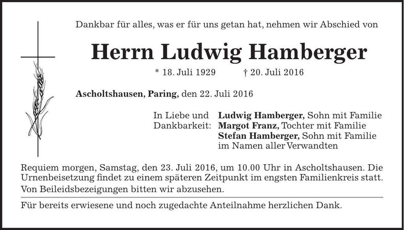 Traueranzeige Ludwig Hamberger